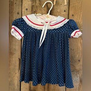 Vintage Navy Blue Polka Dot Kids One Piece read tag for size